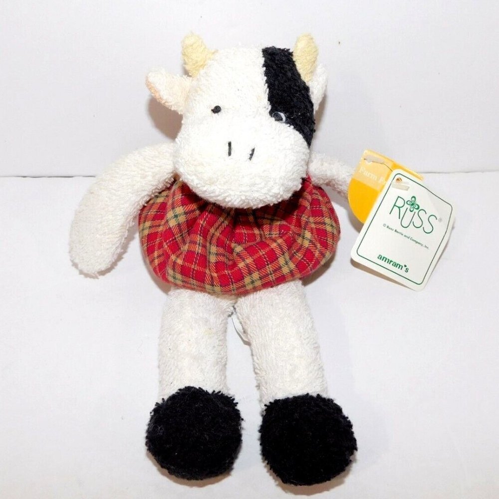 Russ Berrie Bean Bag Cow MILKY Farm Friends 9" Plush Terry Plaid Body New w Tag